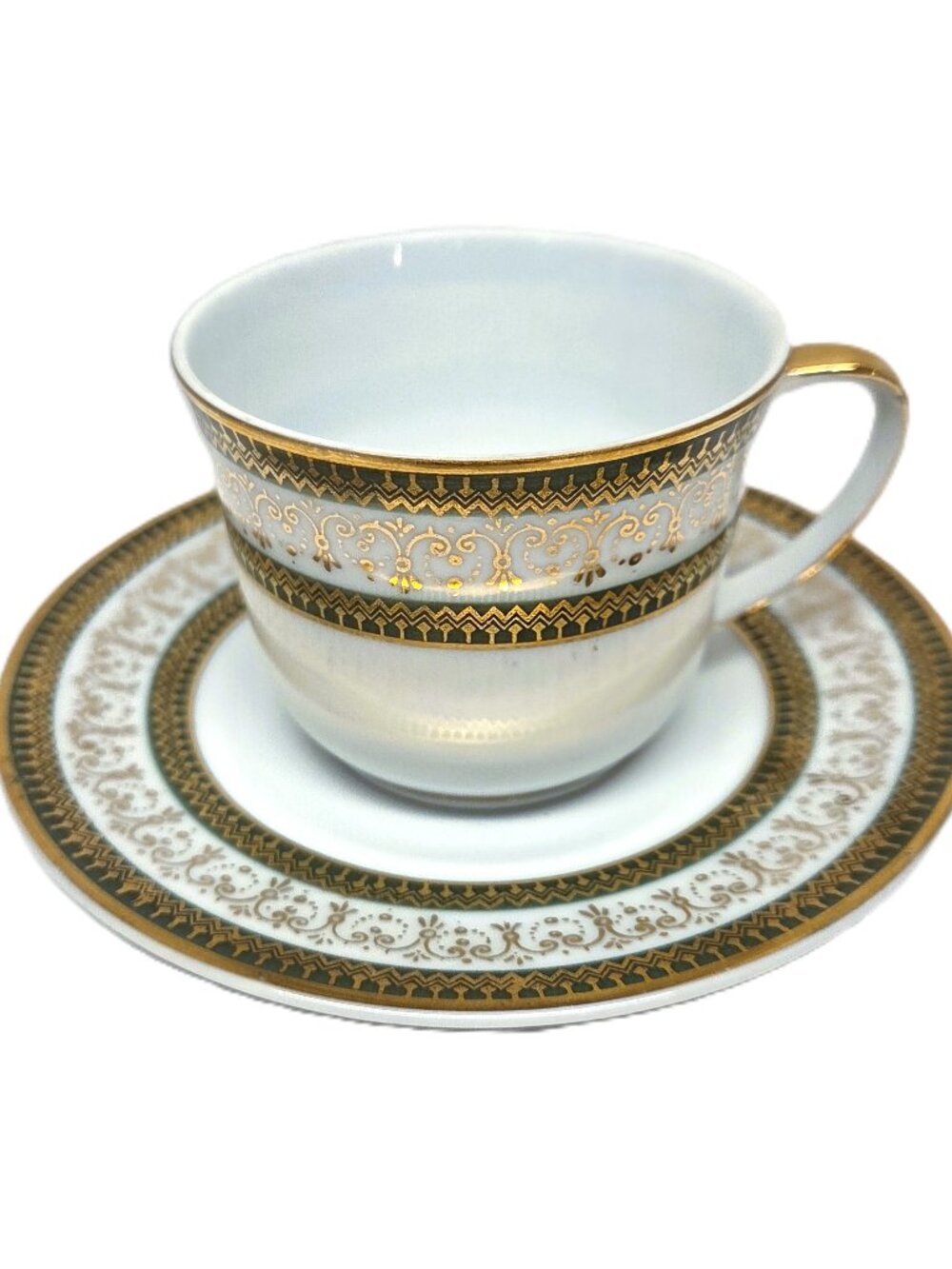 Vintage Casa Jose Alexandre Portugal Tea Cup Saucer Set Green Gold Scrollwork